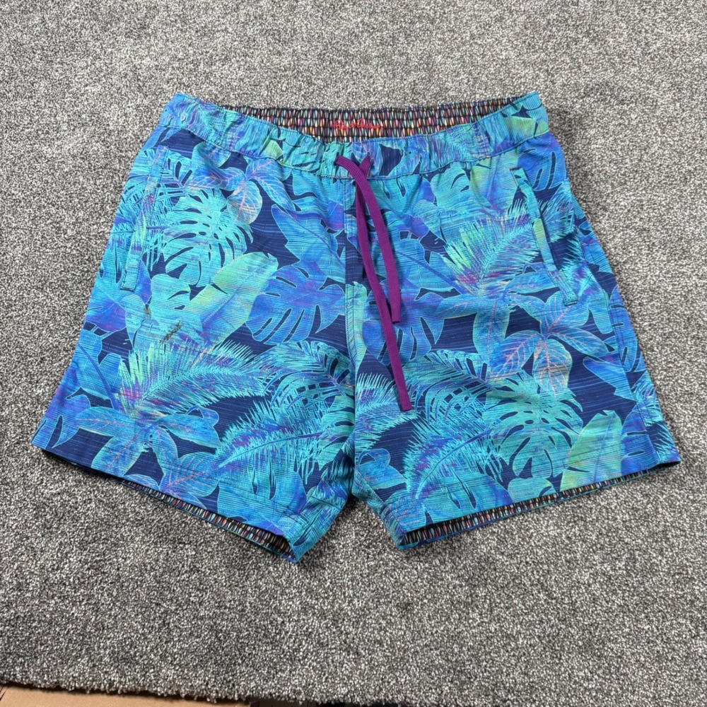 Robert Graham Swim Trunks XL Blue Tropical Leaf Print Classic Fit Board Shorts